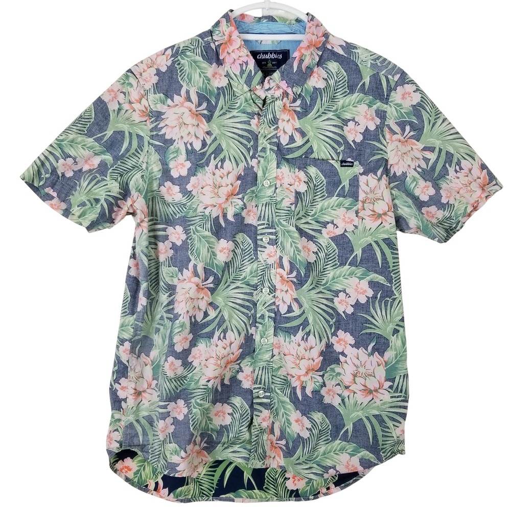 Chubbies Mens Large Tropical Floral Hibiscus Short Sleeve Button Down Shirt Navy